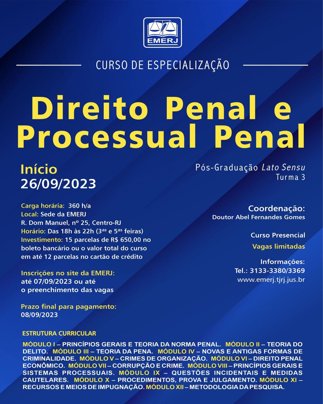 Imagem do banner principal do curso - CURSO DE ESPECIALIZAÇÃO EM DIREITO PENAL E PROCESSUAL PENAL – TURMA 3