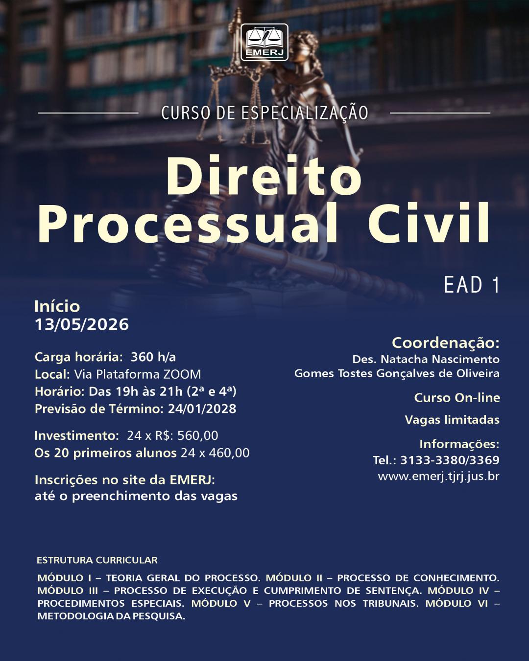 Imagem do banner principal do curso - CURSO DE ESPECIALIZA&Ccedil;&Atilde;O EM DIREITO PROCESSUAL CIVIL &ndash; EAD -TURMA 1