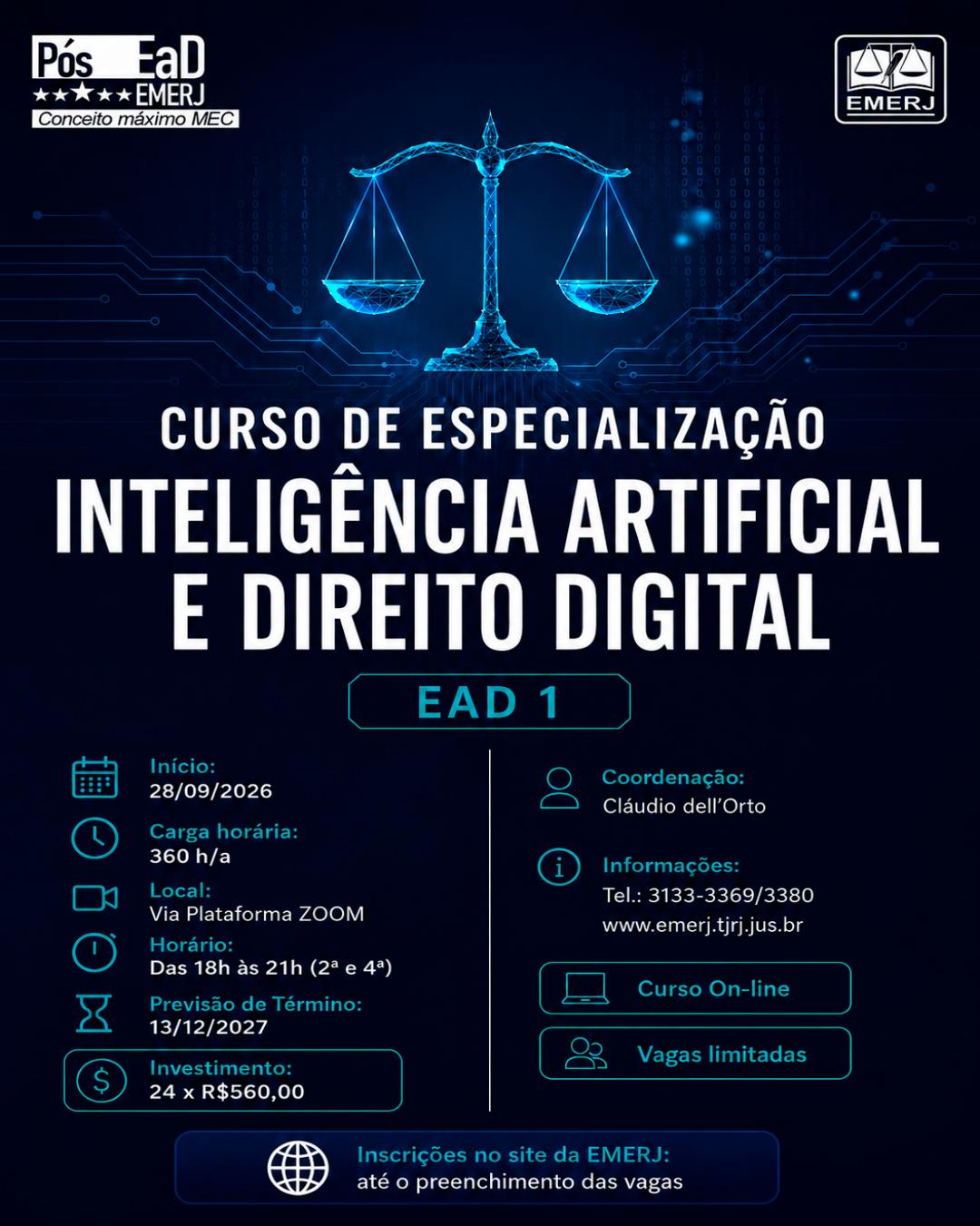 Imagem do banner principal do curso - CURSO DE ESPECIALIZA&Ccedil;&Atilde;O EM INTELIG&Ecirc;NCIA ARTIFICIAL E DIREITO DIGITAL &ndash; EAD 1