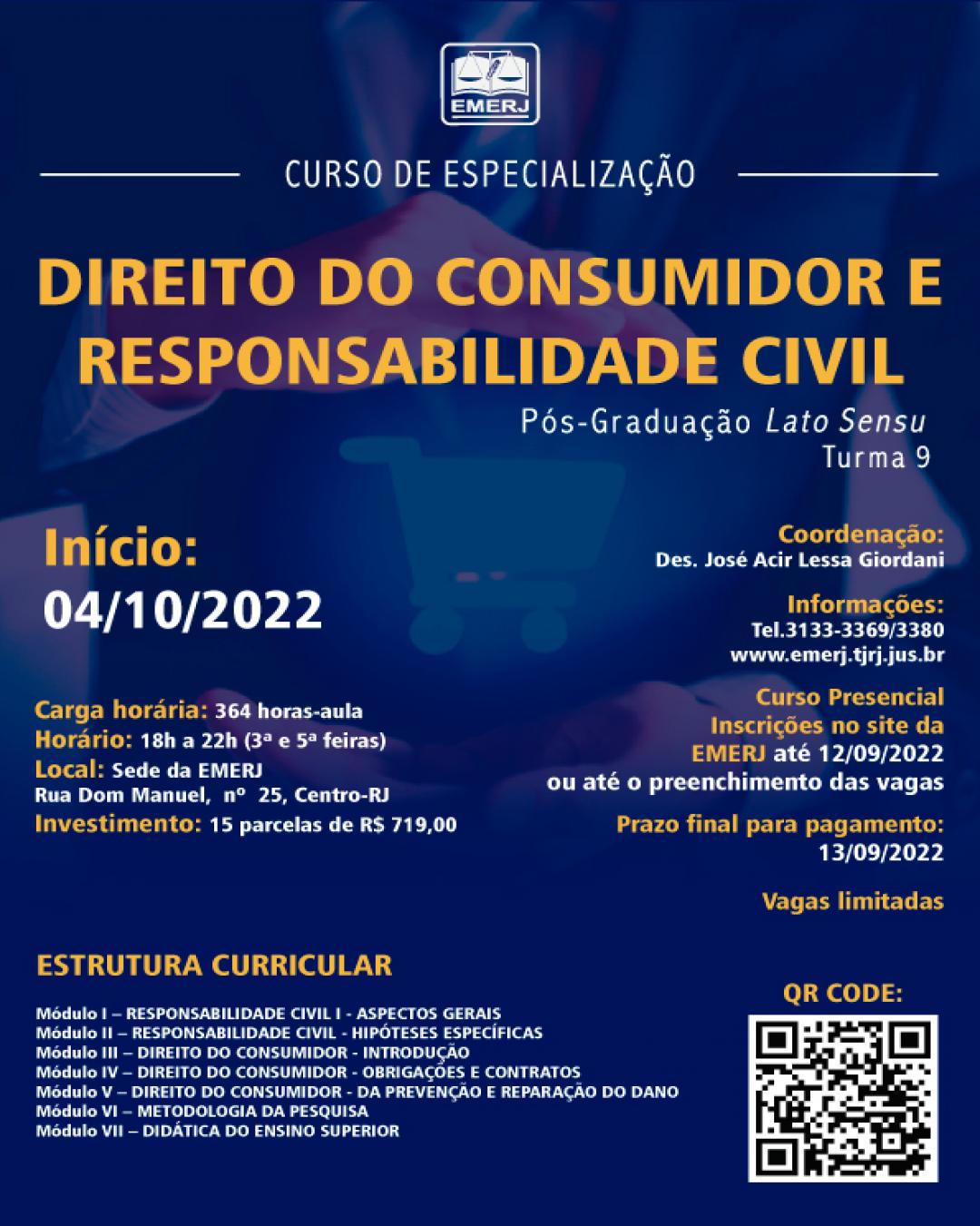Imagem do banner principal do curso - CURSO DE ESPECIALIZAÇÃO EM DIREITO DO CONSUMIDOR E  RESPONSABILIDADE CIVIL – TURMA 9