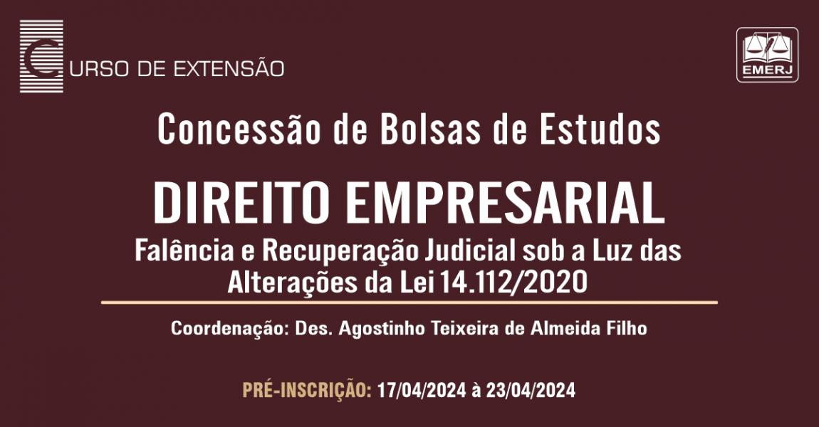 Foto: cartaz com informações sobre edital de bolsa de estudos para curso de extensão "Direito Empresarial".