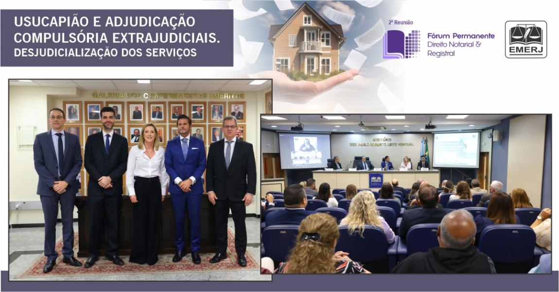 Foto: O presidente e o vice-presidente do Fórum, juízes Alessandro Oliveira Felix e Alexandre Chini Neto, acompanhados dos palestrantes do evento.