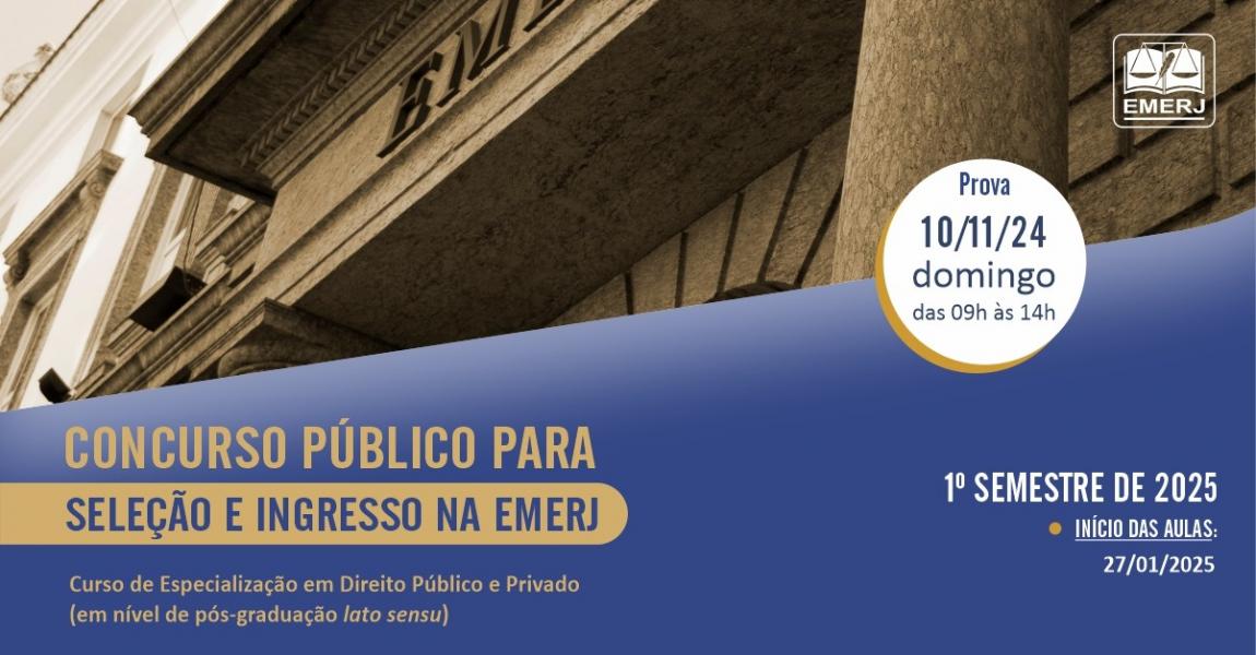 Foto: cartaz com informações sobre edital do concurso público para seleção e ingresso na EMERJ.