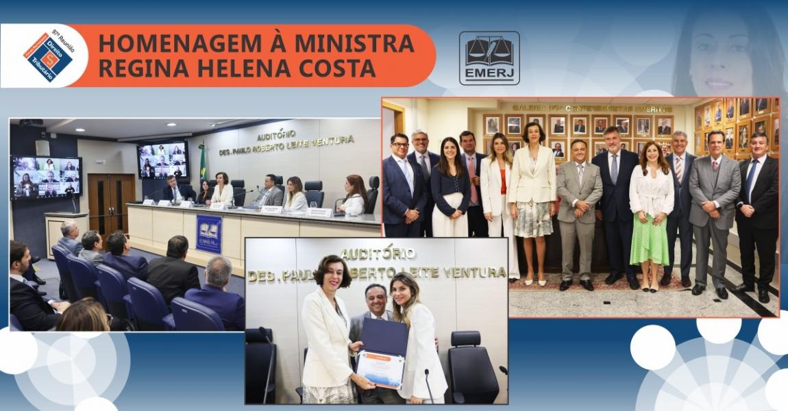 Foto: diretor-geral da EMERJ, desembargador Marco Aurélio Bezerra de Melo; desembargadora Flávia Romano de Rezende, presidente do Fórum; e ministra do STJ Regina Helena Costa acompanhados dos demais palestrantes da reunião.