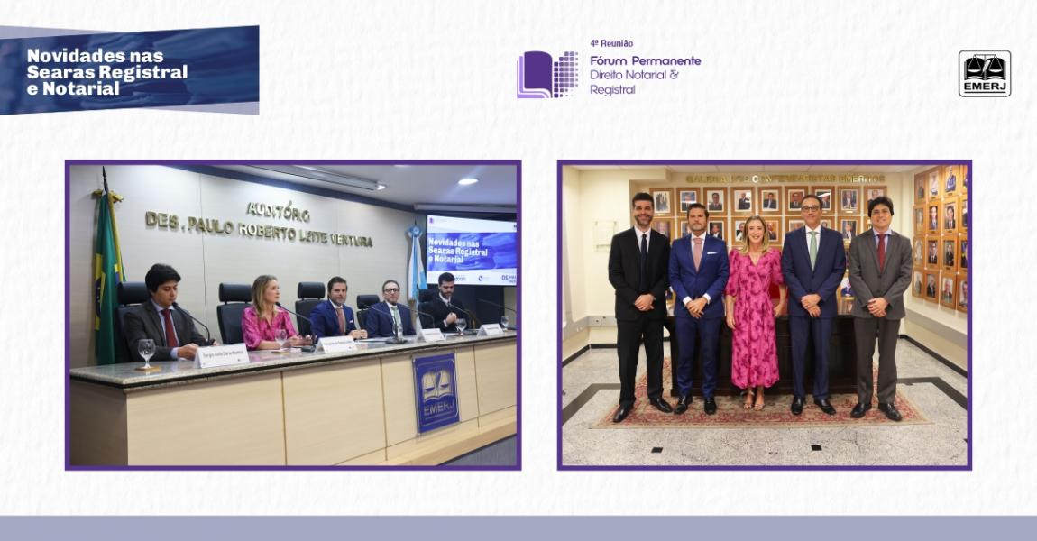 Foto: o presidente do fórum, juiz Alessandro Oliveira Felix, e o vice-presidente do fórum e juiz auxiliar da Corregedoria do TJRJ, Alexandre Chini Neto, acompanhados dos palestrantes do encontro