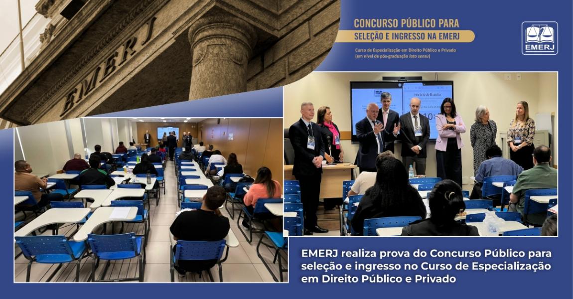 Foto: banner com imagens da prova do Concurso Público para Seleção e Ingresso no Curso de Especialização em Direito Público e Privado – 2º Semestre de 2025.