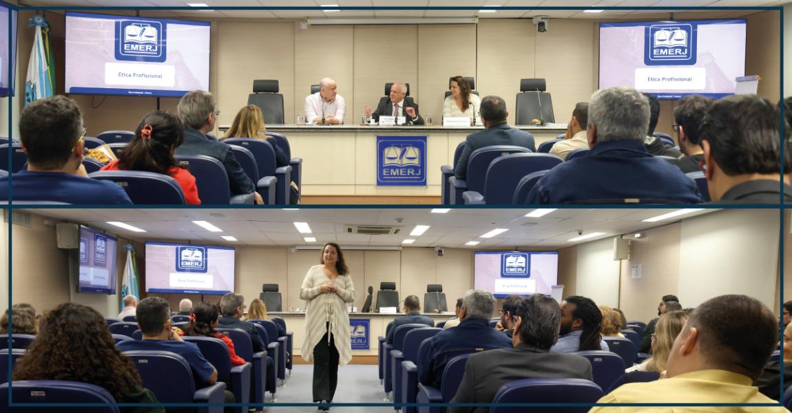 Foto: o diretor-geral da EMERJ, desembargador Cláudio dell’Orto, o presidente da Comissão de Ética da EMERJ, Flávio Peçanha Ferreira e a comissária de Justiça, Adriana da Vinha Nunes.
