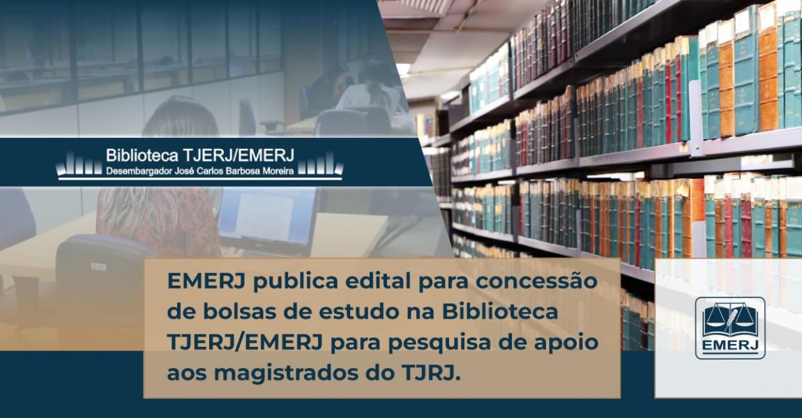 Foto: Banner com informações sobre a concessão de bolsa de estudo na Biblioteca TJERJ/EMERJ.