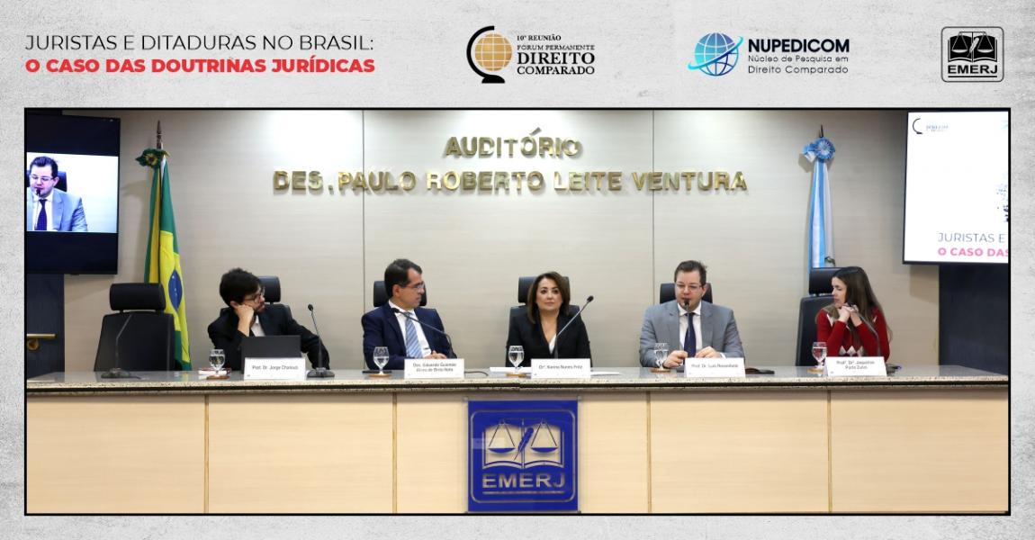 Foto: O vice-presidente do fórum, desembargador Eduardo Gusmão Alves de Brito Neto, e a presidente do fórum, Dra. Karina Nunes Fritz, acompanhados dos integrantes do encontro.