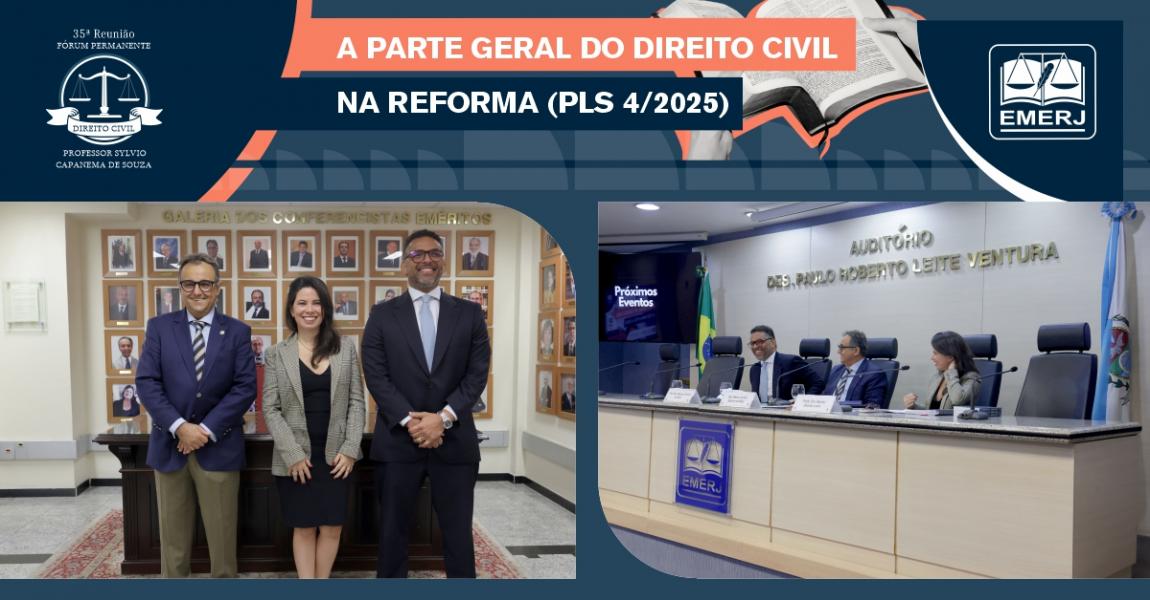 Foto: O presidente do fórum, desembargador Marco Aurélio Bezerra de Melo, e os palestrantes e advogados Rachel Delmás Leoni e Fábio de Oliveira Azevedo.