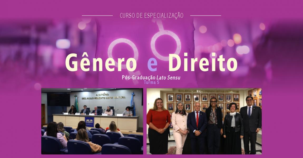 Foto: Banner com fotos do o diretor-geral da EMERJ, desembargador Cláudio Luís Braga dell’Orto, acompanhado dos demais participantes da aula inaugural,