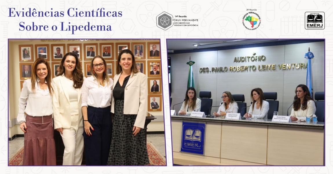 Foto: a presidente do Fórum Permanente dos Direitos das Pessoas com Deficiência, juíza Adriana Laia Franco, acompanhada das palestrantes do encontro.