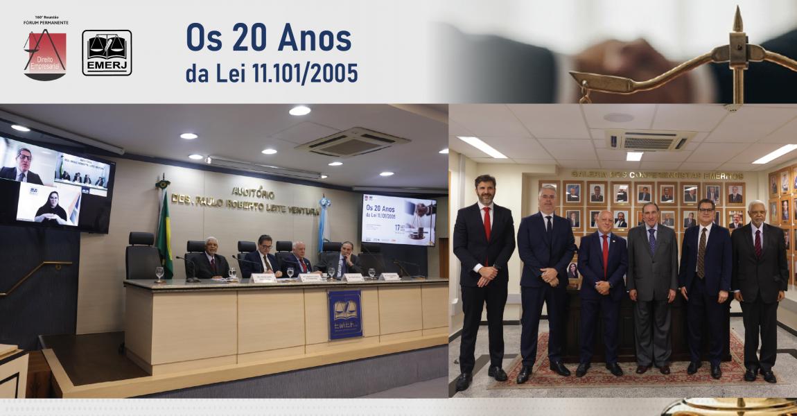 Foto: O diretor-geral da EMERJ, desembargador Cláudio Luís Braga dell’Orto, o ministro do STJ Paulo Dias de Moura Ribeiro e o presidente do fórum, desembargador Agostinho Teixeira de Almeida Filho, acompanhados dos integrantes do evento.