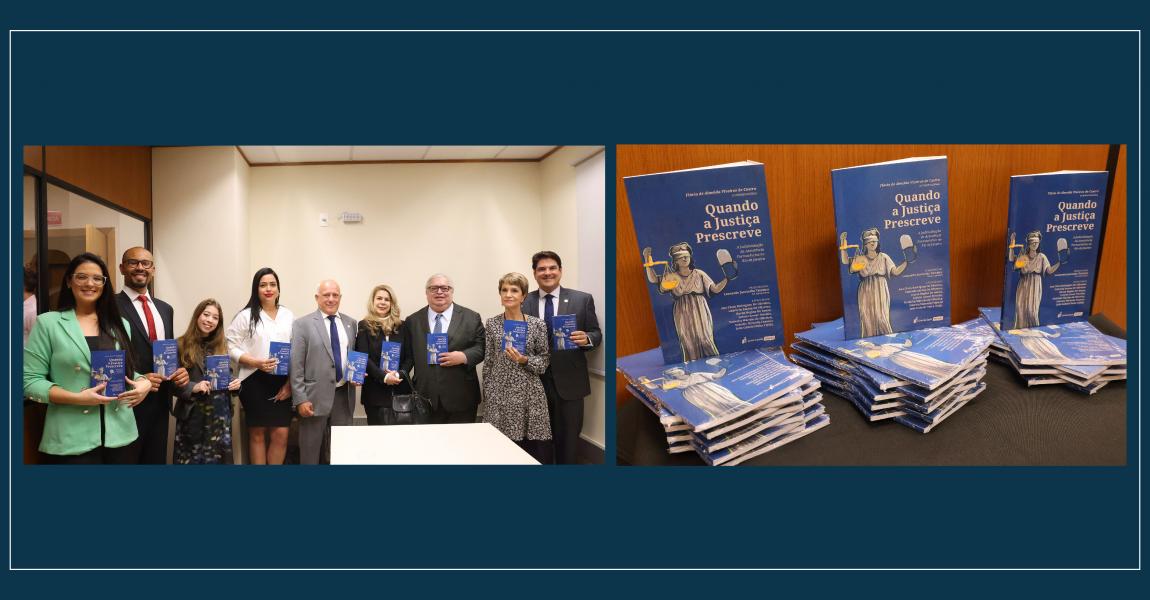 Foto: Diretor-geral da EMERJ, desembargador Cláudio Luís Braga dell’Orto, acompanhado da juíza Flávia Almeida Viveiros Castro e demais autores do livro.