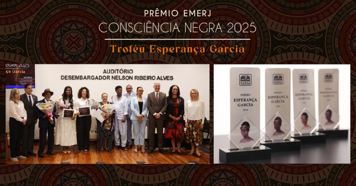 Foto: banner com o Troféu Esperança Garcia e os integrantes da cerimônia 