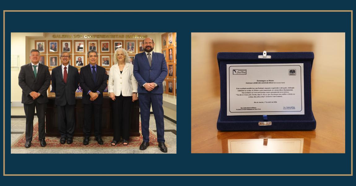 Imagem da notícia - EMERJ homenageia jurista José de Aguiar Dias em evento do Fórum Permanente dos Juízos Cíveis e entrega placa à família