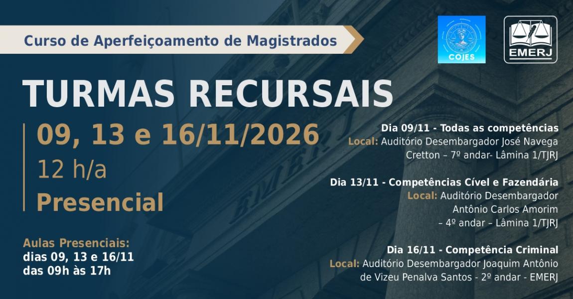 Imagem da notícia - EMERJ abre inscrições para o curso de formação continuada Turmas Recursais Cíveis e de Fazenda Pública - Curso Mandatório Cojes
