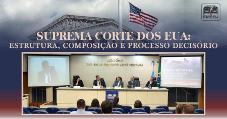 Foto: diretor-geral da EMERJ, desembargador Marco Aurélio Bezerra de Melo, e mesa de palestrantes da reunião.