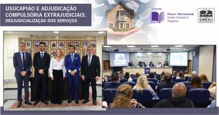 Foto: O presidente e o vice-presidente do Fórum, juízes Alessandro Oliveira Felix e Alexandre Chini Neto, acompanhados dos palestrantes do evento.