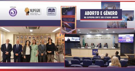 Foto: o diretor-geral da EMERJ, desembargador Cláudio Luís Braga dell’Orto e a presidente do fórum, desembargadora Adriana Ramos de Mello, acompanhados dos palestrantes do evento.