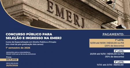 Imagem da notícia - EMERJ divulga edital do Concurso Público para Seleção e Ingresso no Curso de Especialização em Direito Público e Privado para o 1º semestre de 2026