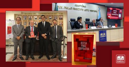 Fotos: O diretor-geral da EMERJ, desembargador Cláudio Luís Braga dell’Orto, acompanhado  do autor do livro, André Mirza Maduro, e o advogado Diogo Malan.