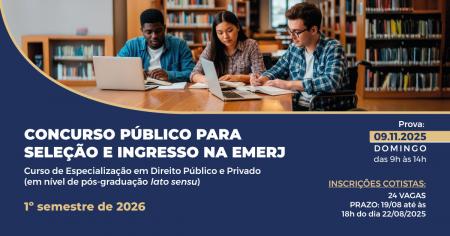 Foto: Banner com informações inscrições para cotistas para o Concurso Público para Seleção e Ingresso no Curso de Especialização em Direito Público e Privado para o 1º semestre de 2026.
