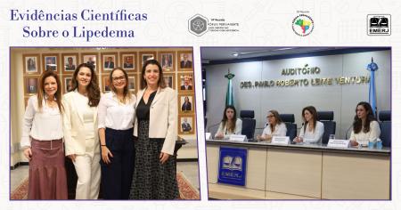 Foto: a presidente do Fórum Permanente dos Direitos das Pessoas com Deficiência, juíza Adriana Laia Franco, acompanhada das palestrantes do encontro.