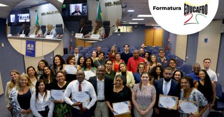 Foto: Participantes da cerimônia de formatura da terceira turma do Curso de Português Instrumental Jurídico e da segunda turma do Curso de Inglês Instrumental Jurídico.