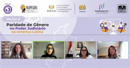 Foto: a presidente do fórum, desembargadora Adriana Ramos de Mello e a ministra do Tribunal Superior Eleitoral (TSE) Edilene Lôbo, acompanhadas das integrantes do evento.