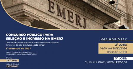 Imagem da notícia - EMERJ divulga edital do Concurso Público para Seleção e Ingresso no Curso de Especialização em Direito Público e Privado – 1º Semestre 2027