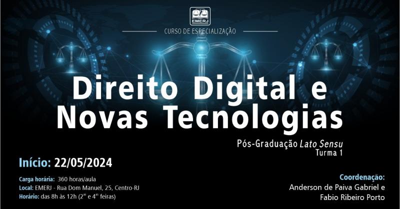 Foto: cartaz com informações sobre inscrições para o curso de especialização "Direito Digital e Novas Tecnologias".